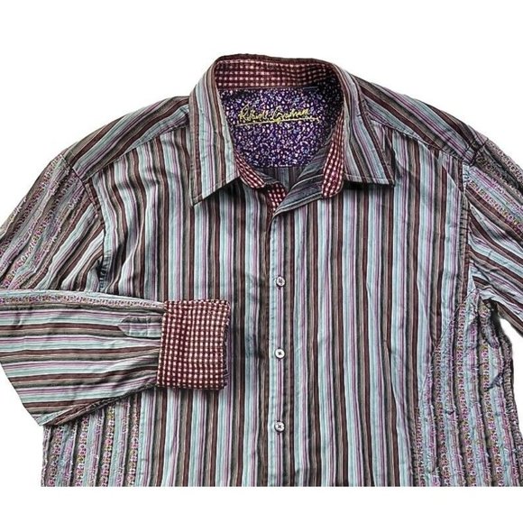 Robert Graham Flip Cuff Men XL Striped Button-Down Shirt Embroidered Flowers - Picture 1 of 13